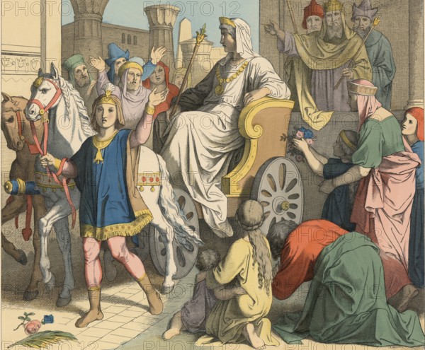 Biblical story, Joseph's Exaltation, relates to his appointment as ruler of Egypt following the interpretation of the Pharaoh's dreams, illustration, reproduction from a 19th-century model. Authentic, file restored for optimal use, exact date of submission unknown, historical