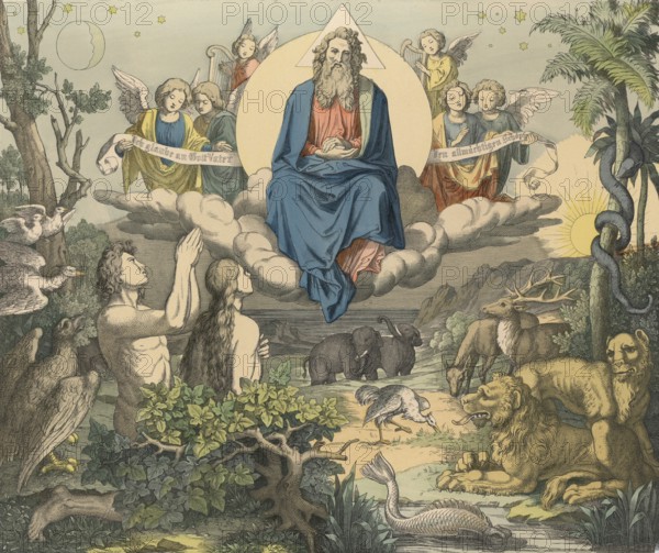 Biblical story, The Creation of the World, illustration, reproduction from a 19th century model. Authentic, file restored for optimal use, exact date of submission unknown, historical