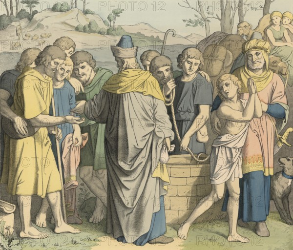 Biblical story, Joseph is sold to a foreign country, Joseph was sold by his brothers, who threw him into a cistern out of jealousy and then sold him to Ismail/Midianite traders who brought him to Egypt. There he was sold to Potiphar, a court official of the pharaoh, and made his servant, illustration, reproduction from a 19th-century model. Authentic, file restored for optimal use, exact date of submission unknown, historical