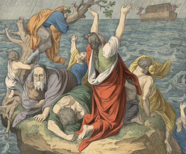 Biblical story, The Flood, a biblical narrative that describes a worldwide flood sent by God. According to the book of Genesis (Genesis), the flood is presented as punishment for sinful humanity, with only Noah, his family and a pair of animals each saved on an ark, illustration, reproduction from a 19th-century model. Authentic, file restored for optimal use, exact date of submission unknown, historical