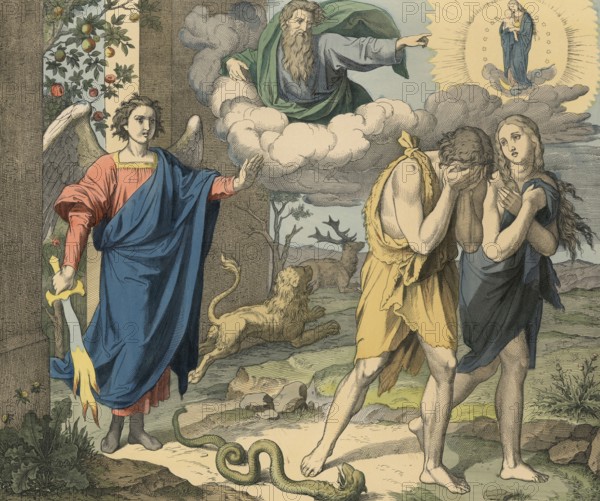 Biblical story, punishment of the first sin and promise of the Redeemer, expulsion of Adam and Eve from paradise, illustration, reproduction from a 19th-century model. Authentic, file restored for optimal use, exact date of submission unknown, historical