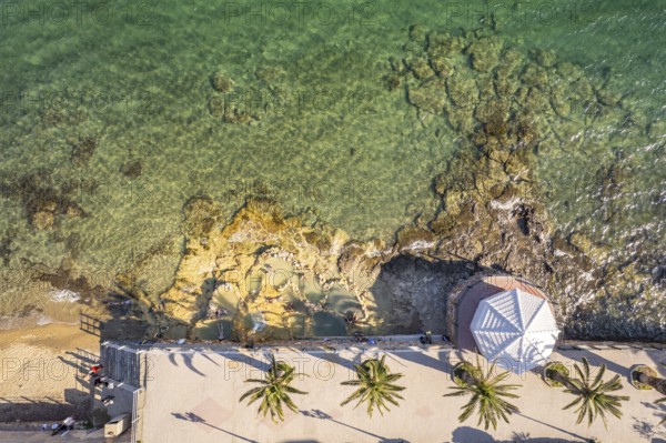The hot springs of Loutra Edipsou on the island of Euboea or Evia seen from the air, Greece