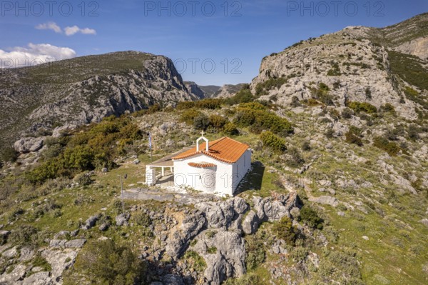 Greek Orthodox Church of the Annunciation seen from the air in the countryside near Konistres, Euboea or Evia island, Greece