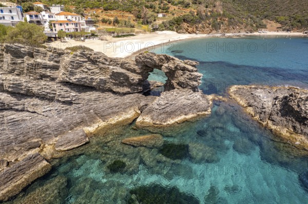 Rocky hole on Kalamos beach seen from the air, Euboea or Evia island, Greece