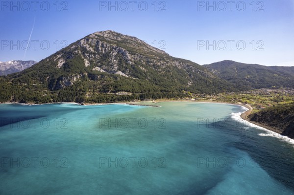 Landscape, coast and beach near the village of Pili or Pelio seen from the air, Euboea or Evia island, Greece