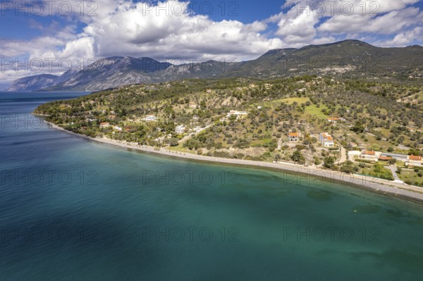 Landscape and beach near Politika on the island of Euboea or Evia seen from the air, Greece