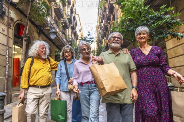 Group of diverse senior friends walking on a narrow city street, holding shopping bags, smiling and enjoying their retirement lifestyle and social activities