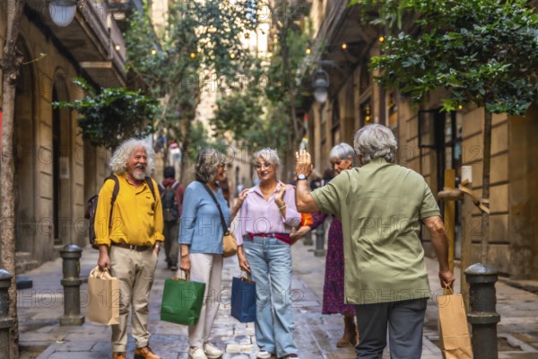 Group of diverse senior friends meeting and greeting on a charming narrow urban street, enjoying a shopping day and social interaction during their active retirement