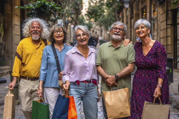 Happy senior friends smiling while standing on a historic city street, confidently enjoying a shopping day out together with brightly colored bags, representing an active and social aging lifestyle