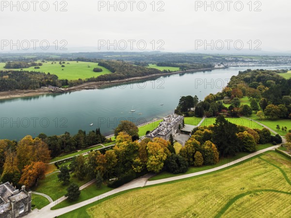 Autumn over Plas Newydd House from a drone, Gardens and Parkland, Llanfairpwllgwyngyll, Anglesey, Wales, UK