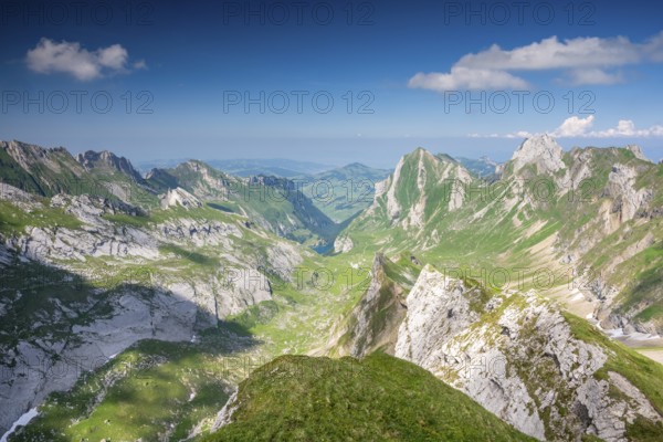 View over Alpstein Mountains into the Meglisalp Valley, Rotstein Pass, SÃ¤ntis, Appenzell, Switzerland