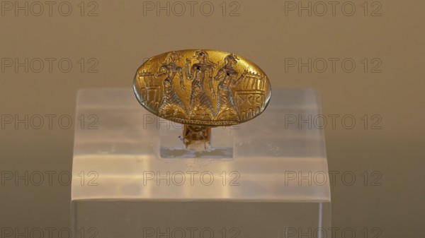Golden Signing Ring with the Engraving of a Religious Ceremony, Ancient Golden Ring with Engraved Female Figures, Archaeological Museum, Nemea, Peloponnese, Greece