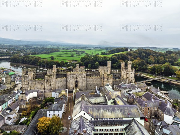 Caernarfon Castle from a drone, Caernarfon, Gwynedd, North-West Wales, UK