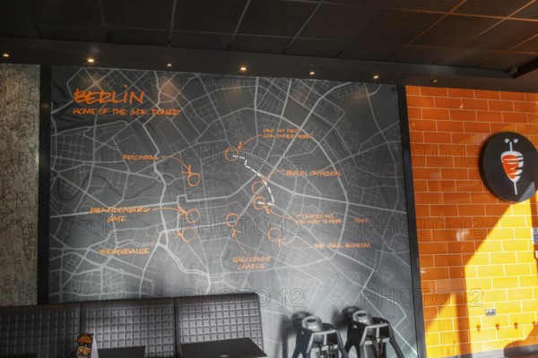 Map of Berlin inside GDK German Doner Kebab takeaway restaurant in city centre, Exeter, Devon, England, UK