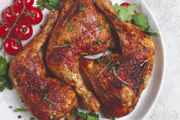 Grilled fried chicken legs, served, with fresh cherry tomatoes, and herbs, on a white plate, homemade, no people