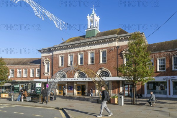 People outside Exeter Central Station railway station, Exeter city centre, Devon, England, UK