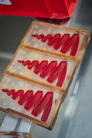 Red tree molds in a plastic chocolate mold, ready for casting, Christmas baking, Haselstaller Hof, Wildberg, Calw district, Germany