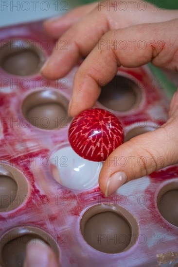 Red and white decorated ball is taken from a mold, Christmas baking, Haselstaller Hof, Wildberg, Calw district, Germany