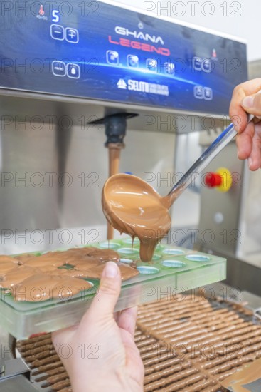 Hand holding green chocolate mold and pouring liquid chocolate with a spoon, Christmas baking, Haselstaller Hof, Wildberg, Calw district, Germany