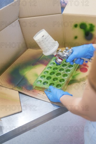 Person spraying green paint into a recessed mold on a cardboard table, Christmas baking, Haselstaller Hof, Wildberg, Calw district, Germany