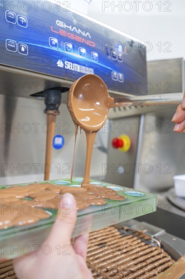 A ladle pours chocolate from a machine into green chocolate molds, Christmas baking, Haselstaller Hof, Wildberg, Calw district, Germany