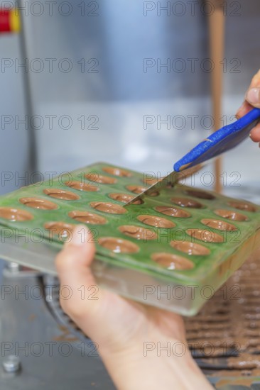 Hand spread chocolate evenly in a green mold with a blue spatula, Christmas baking, Haselstaller Hof, Wildberg, Calw district, Germany