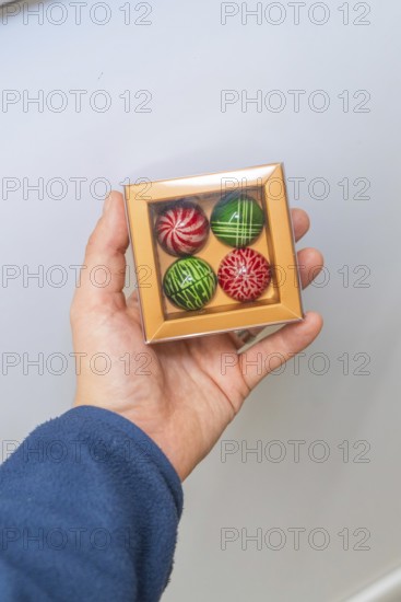 Person holding a box of chocolates with four colorful chocolates, Christmas baking, Haselstaller Hof, Wildberg, Calw district, Germany