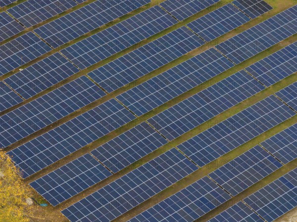 Close and clear view of the solar module rows in a uniform arrangement, Bau PV Freifaechenanlage, Weil der Stadt, Germany