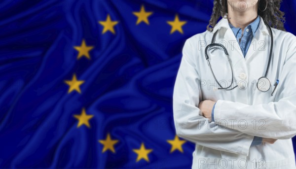 Medical professional on European Union flag. Healthcare and wellness in European Union, Concept