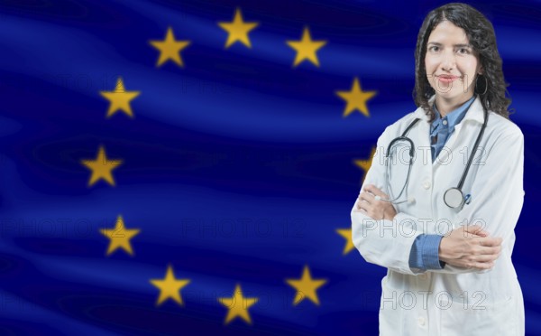 European Union medicine and healthcare concept Doctor close up against European Union flag background