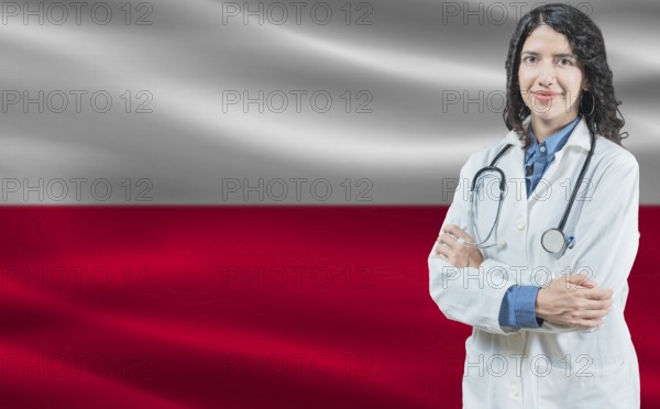 Polish medicine and healthcare concept. Doctor close up against Poland flag background
