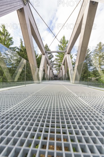Architecturally impressive metal and wood bridge with glass railing against a wooded background, Ruhestein National Park Center, Black Forest, Baiersbronn, Germany