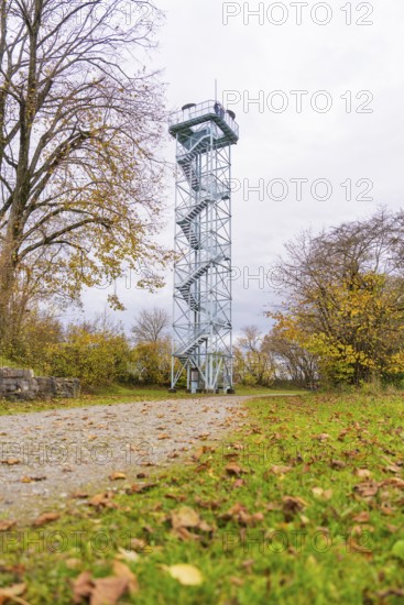 Observation tower next to a path surrounded by autumn trees, DÃ¼rrenmettstetten observation tower, Sulz am Neckar, Germany