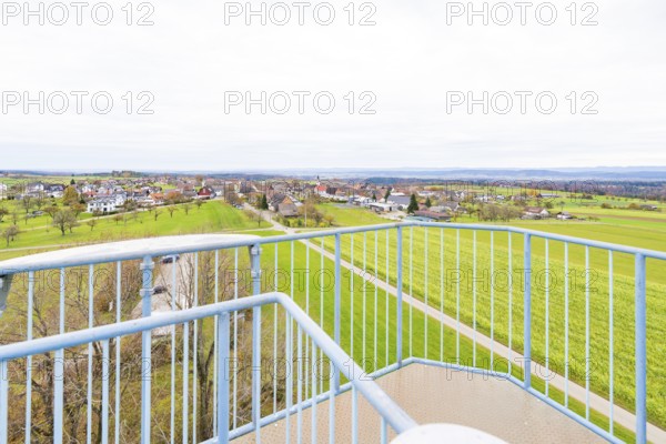 View from the tower of extensive fields and a village, DÃ¼rrenmettstetten observation tower, Sulz am Neckar, Germany