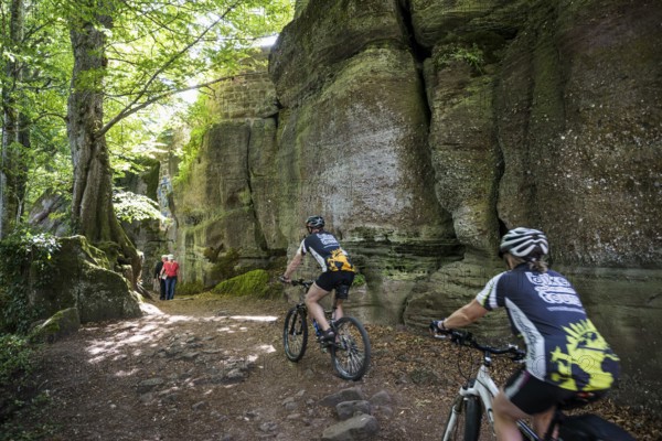 Mountain bikers and rocks, Mont Sainte-Odile Abbey, Ottrott, Bas-Rhin Department, Alsace, France