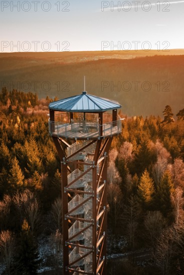 Close-up of observation tower over autumn-colored forest at sunrise, Hohe Warte observation tower, Hohenwart, Pforzheim, Germany