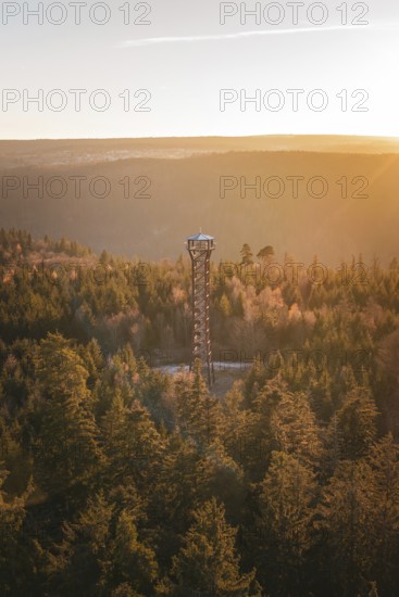 A tower rises above autumn-colored forests in sunlight, Hohe Warte Observation Tower, Hohenwart, Pforzheim, Germany