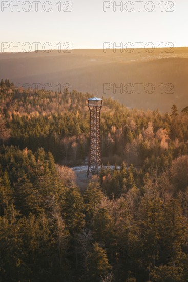 A tower towers over the misty, autumnal forests in the morning light, Hohe Warte observation tower, Hohenwart, Pforzheim, Germany