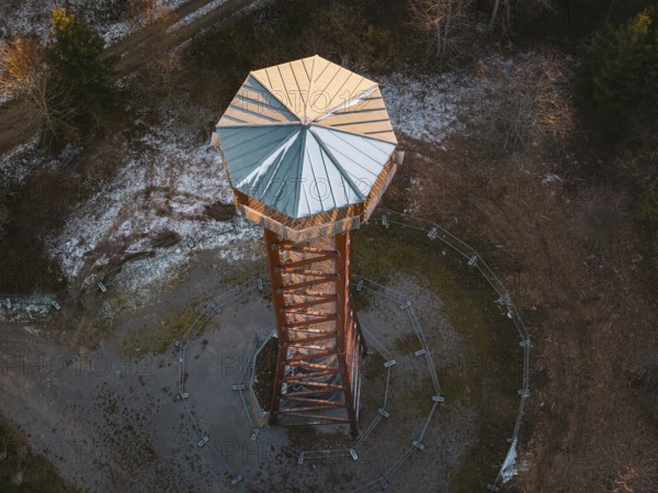Bird's-eye view tower surrounded by an autumnal forest, Hohe Warte observation tower, Hohenwart, Pforzheim, Germany
