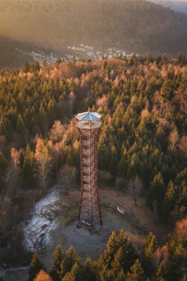 An observation tower overlooks a dense, autumnal forest near a village, Hohe Warte observation tower, Hohenwart, Pforzheim, Germany