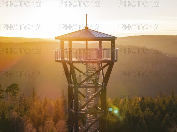 Close-up of a tower illuminated by the glowing sun, Hohe Warte observation tower, Hohenwart, Pforzheim, Germany