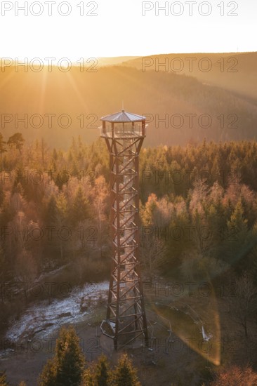 A sunrise casts golden light on an observation tower and forest, Hohe Warte observation tower, Hohenwart, Pforzheim, Germany