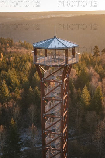 Wooden observation tower above an autumnal forest in the warm light of sunset, Hohe Warte observation tower, Hohenwart, Pforzheim, Germany