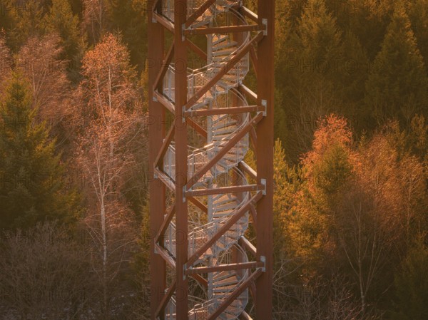Detailed view of an observation tower from below with autumn surroundings, Hohe Warte observation tower, Hohenwart, Pforzheim, Germany