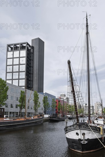 Zuiderstadsgracht with museum harbor and AVERO tower, Willemskade, Leeuwarden, Friesland Province, Netherlands