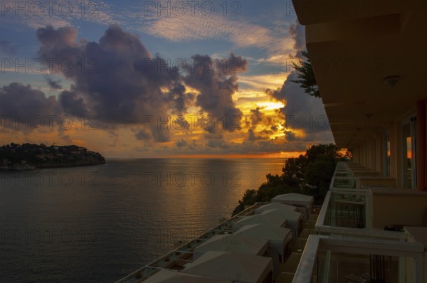 Sunset, view from hotel balcony, Santa Ponsa Bay, Majorca, Spain