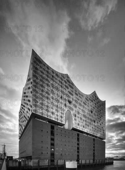 Glass faÃ§ade of the Elbe Philharmonic Hall, Elphie, Free and Hanseatic City of Hamburg, black and white, Germany