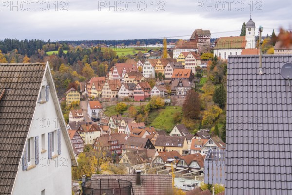 City view with visible church tower and half-timbered houses surrounded by autumn leaves on a hill, Altensteig, Calw district, Germany
