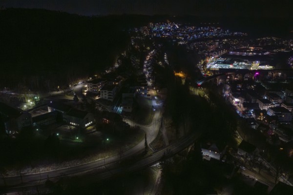 View of night roads along a hill with lights and shadows, Nagold, Calw district, Germany