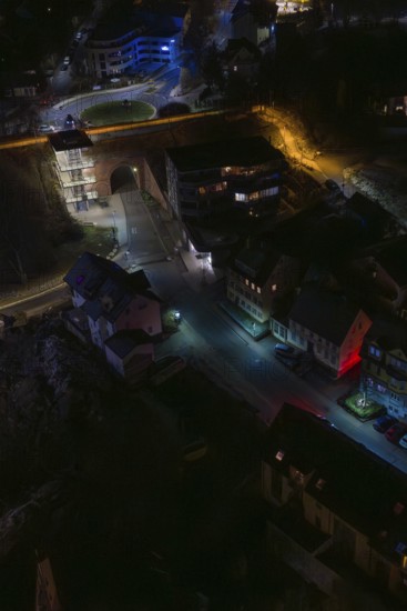 Urban night view with illuminated buildings and dark roads, Nagold, Calw district, Germany